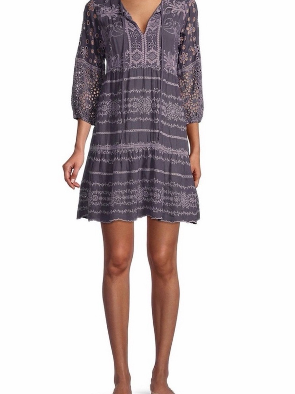 Johnny Was Lavender Embroidered V-Neck Mini Dress